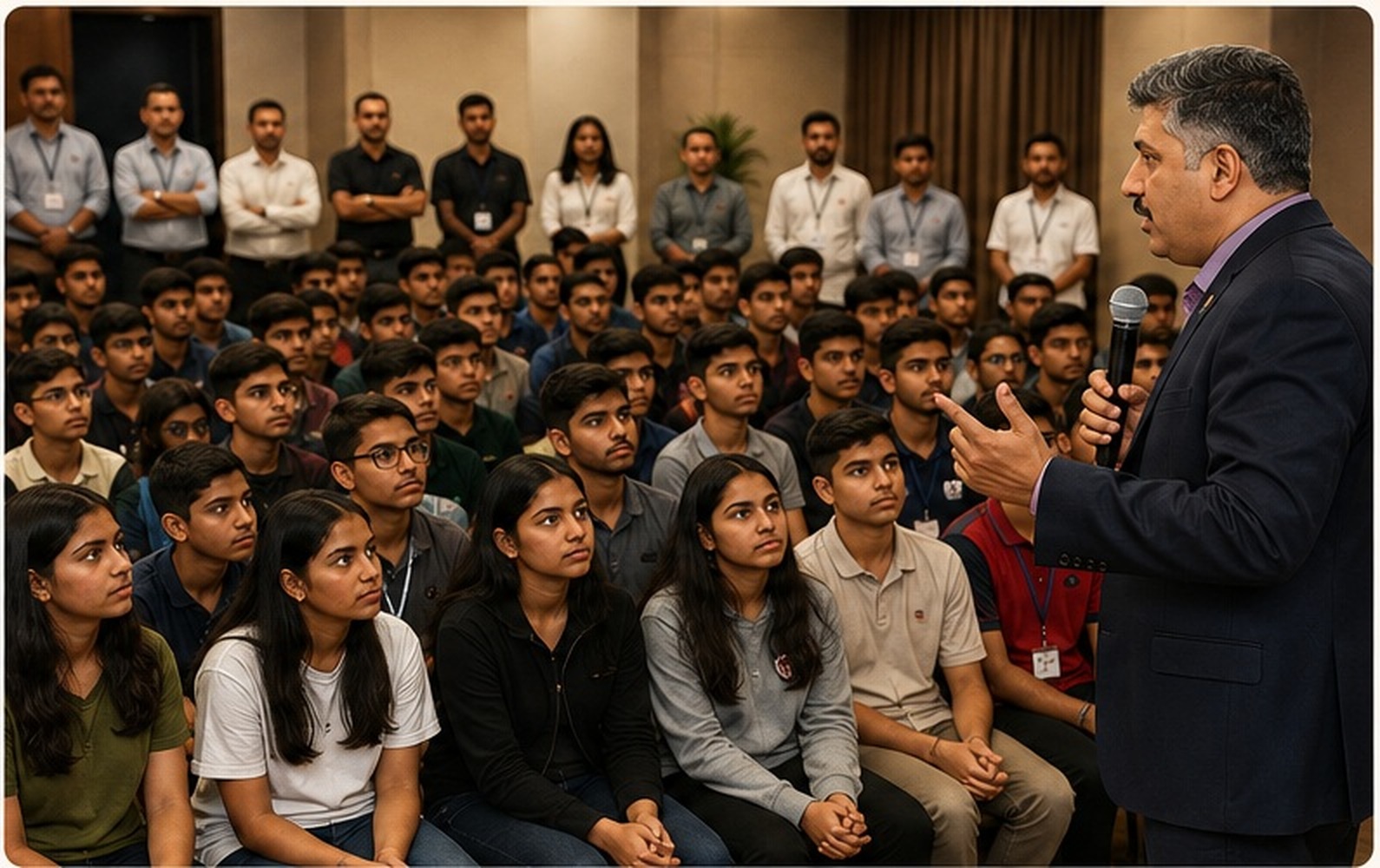 Kingdom Life Mentors speaker addressing a large, attentive group of teenagers with adult mentors listening behind them