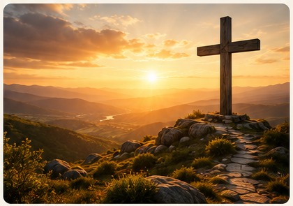 Cross overlooking a sunrise landscape